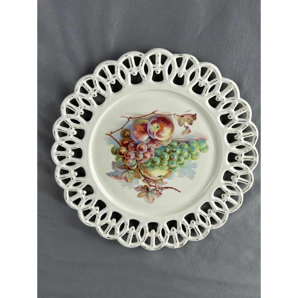Vintage Decorative Plate Fruit Grapes Peaches Lattice Edge Ceramic Display Dish